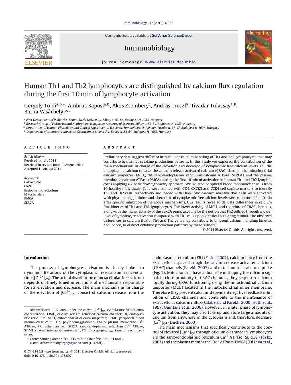 عکس صفحه اول مقاله: Human Th1 and Th2 lymphocytes are distinguished by calcium flux regulation during the first 10Â min of lymphocyte activation Human Th1 and Th2 lymphocytes are distinguished by calcium flux regulation during the first 10Â min of lymphocyte activation