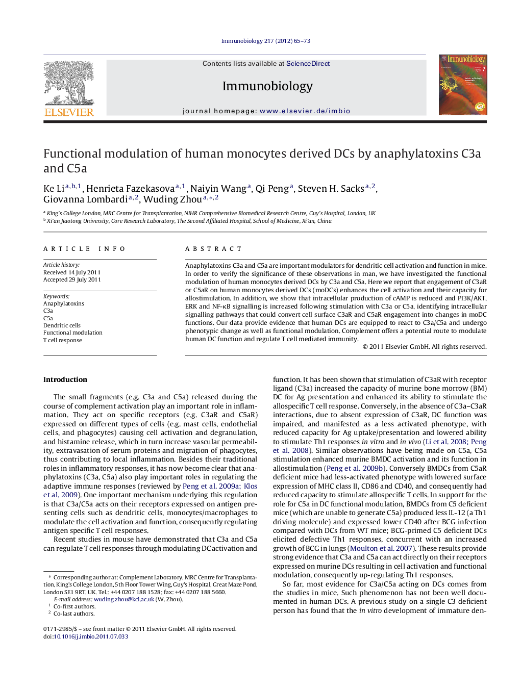 Functional modulation of human monocytes derived DCs by anaphylatoxins C3a and C5a