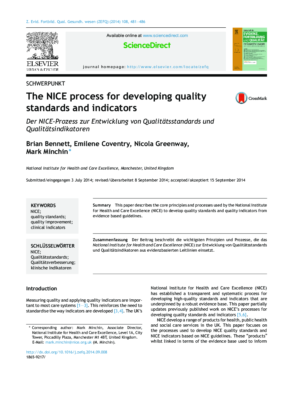 The NICE process for developing quality standards and indicators