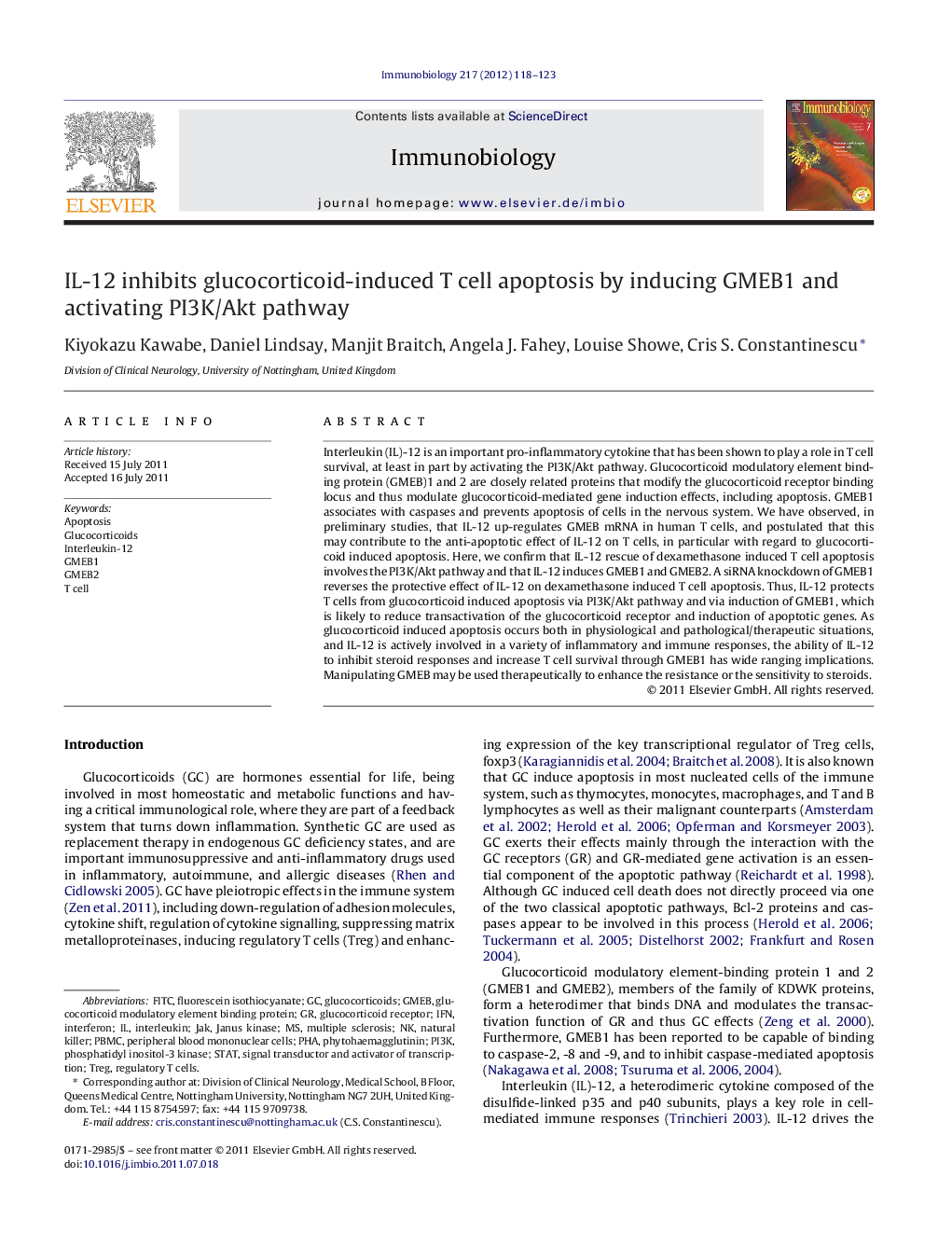 IL-12 inhibits glucocorticoid-induced T cell apoptosis by inducing GMEB1 and activating PI3K/Akt pathway