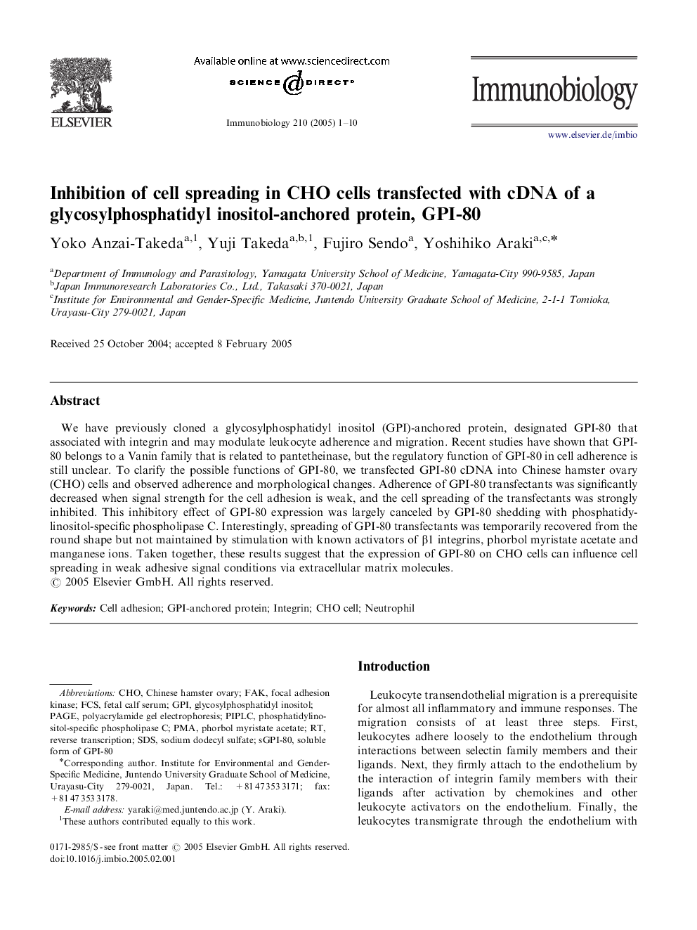 Inhibition of cell spreading in CHO cells transfected with cDNA of a glycosylphosphatidyl inositol-anchored protein, GPI-80