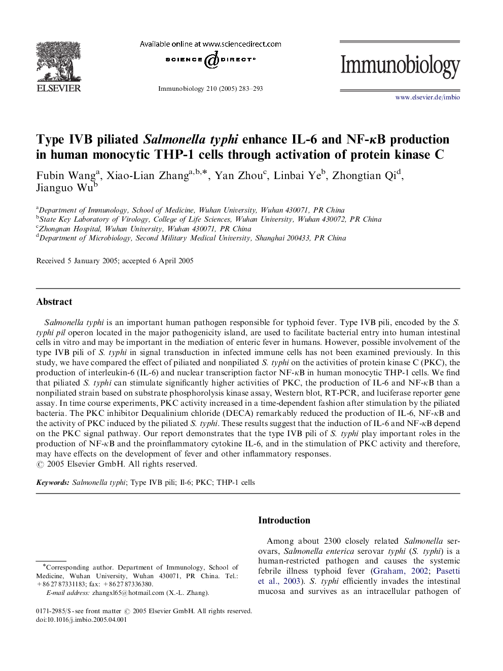 Type IVB piliated Salmonella typhi enhance IL-6 and NF-ÎºB production in human monocytic THP-1 cells through activation of protein kinase C