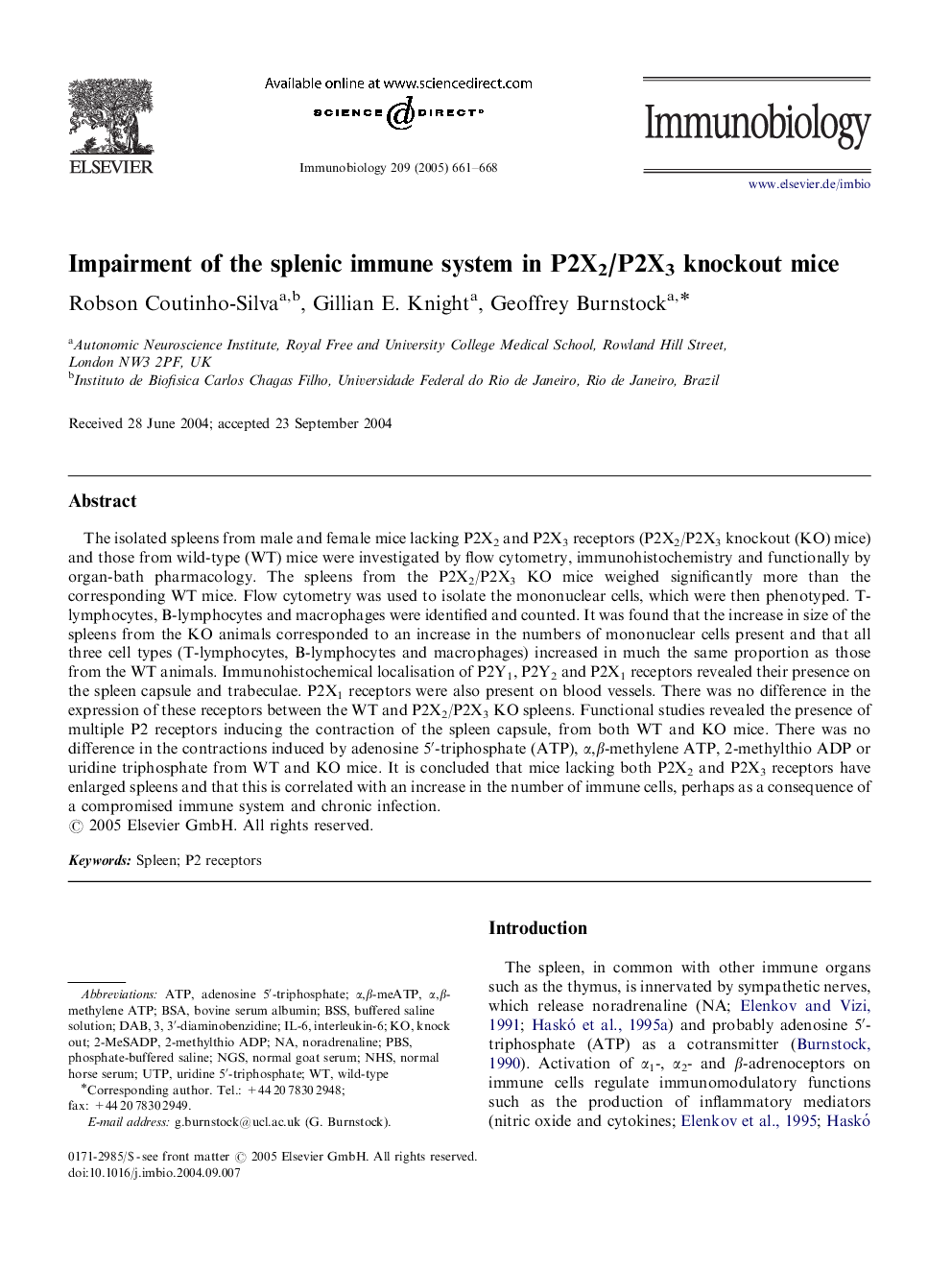 Impairment of the splenic immune system in P2X2/P2X3 knockout mice