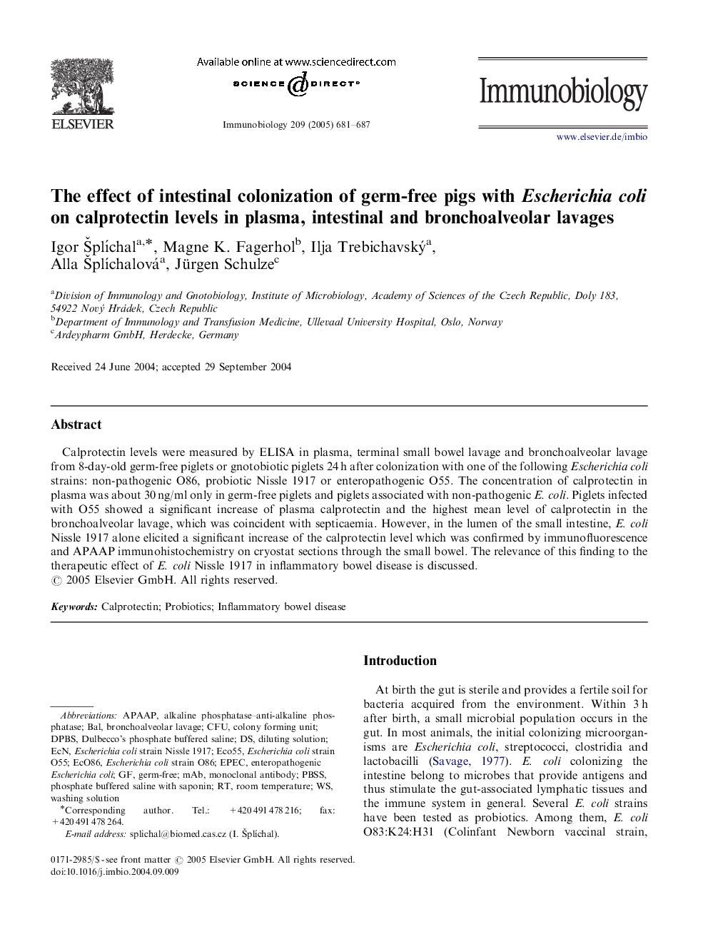 The effect of intestinal colonization of germ-free pigs with Escherichia coli on calprotectin levels in plasma, intestinal and bronchoalveolar lavages