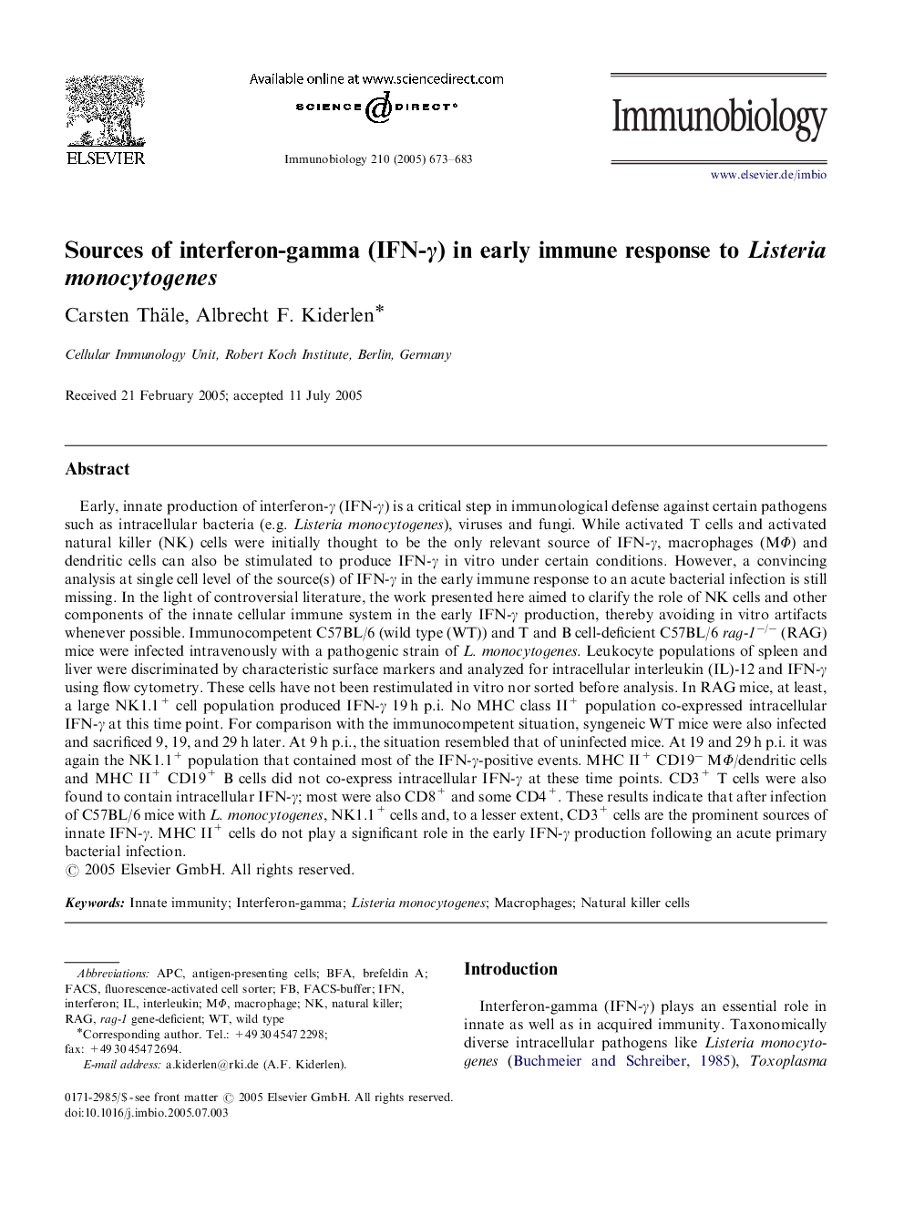 Sources of interferon-gamma (IFN-Î³) in early immune response to Listeria monocytogenes