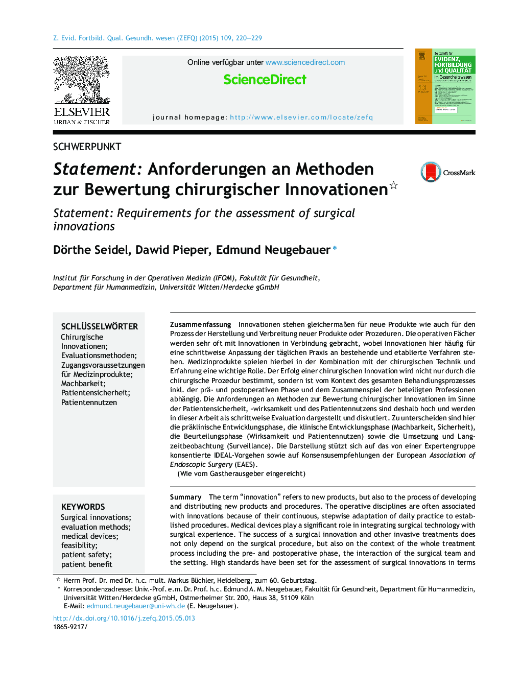 Statement: Anforderungen an Methoden zur Bewertung chirurgischer Innovationen 