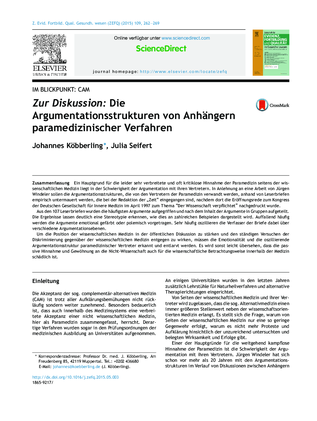 Zur Diskussion: Die Argumentationsstrukturen von Anhängern paramedizinischer Verfahren