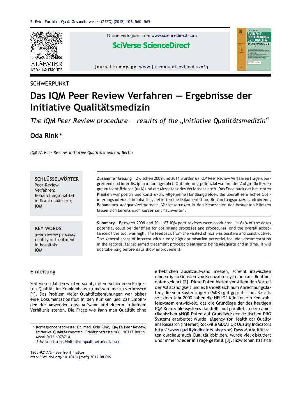 Das IQM Peer Review Verfahren – Ergebnisse der Initiative Qualitätsmedizin