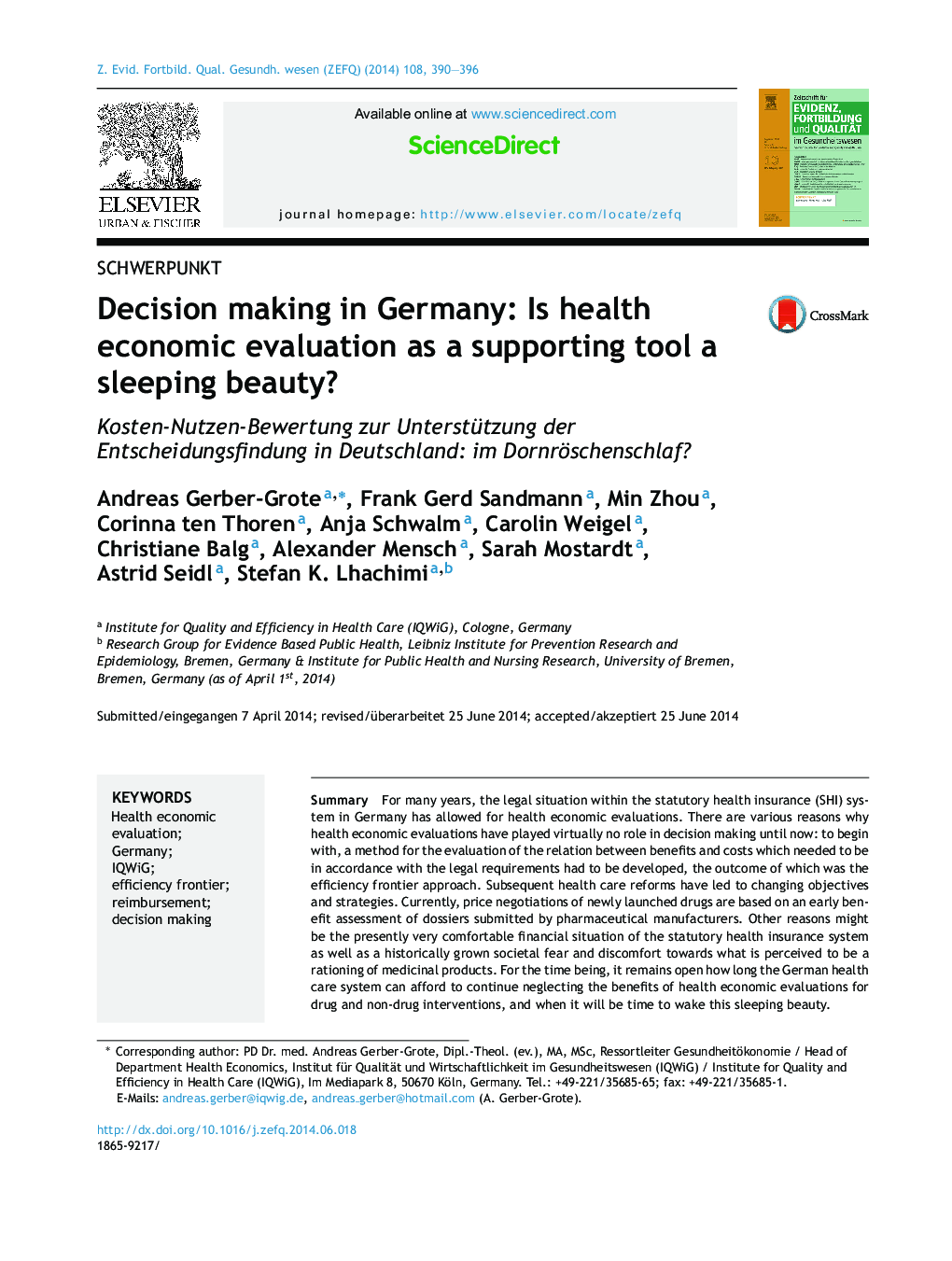 Decision making in Germany: Is health economic evaluation as a supporting tool a sleeping beauty?