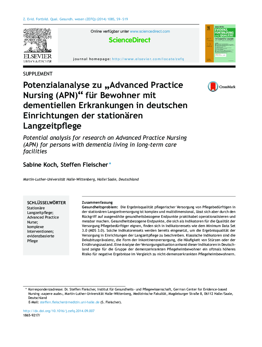 Potenzialanalyse zu „Advanced Practice Nursing (APN)“ für Bewohner mit dementiellen Erkrankungen in deutschen Einrichtungen der stationären Langzeitpflege