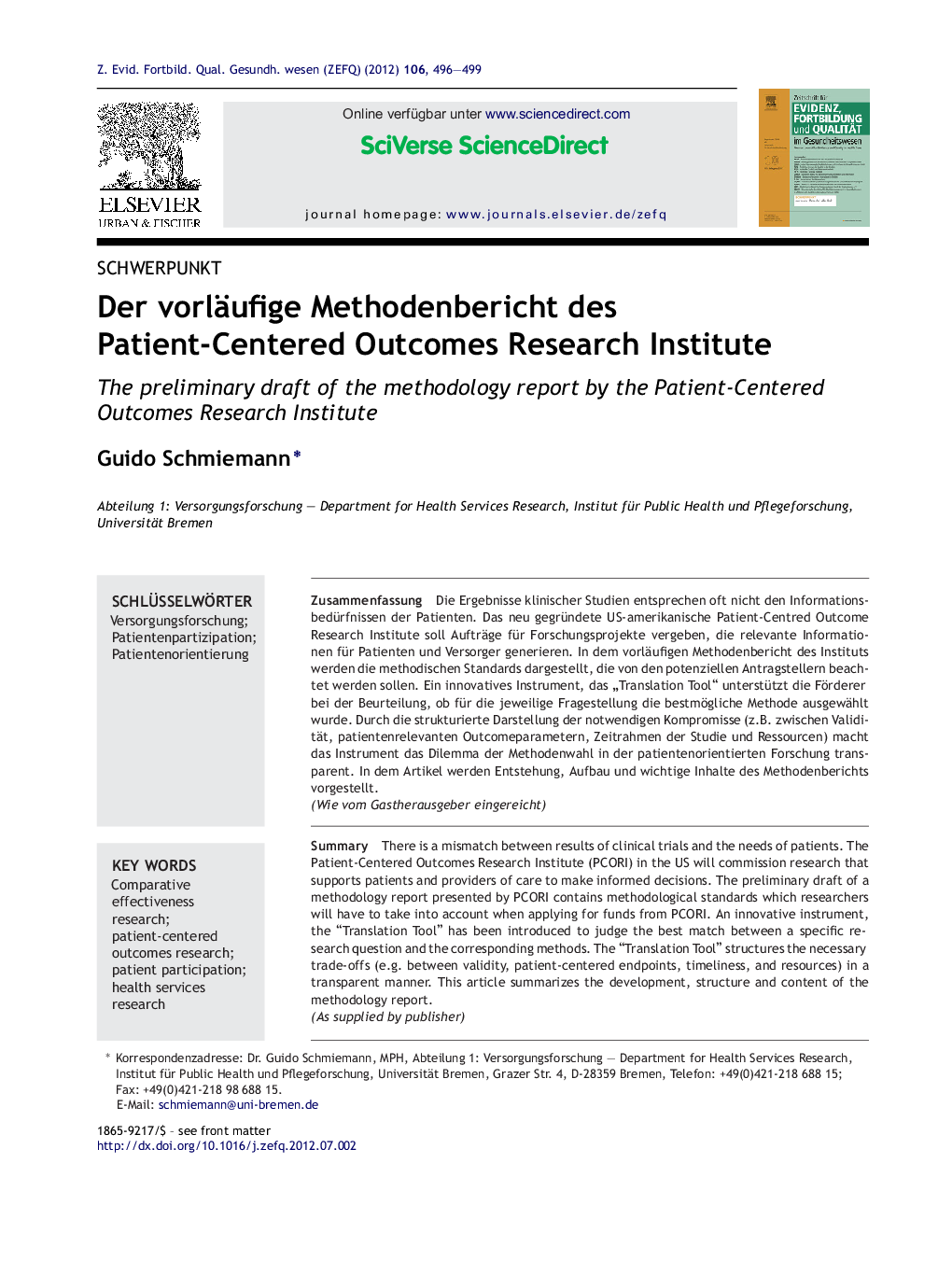 Der vorläufige Methodenbericht des Patient-Centered Outcomes Research Institute