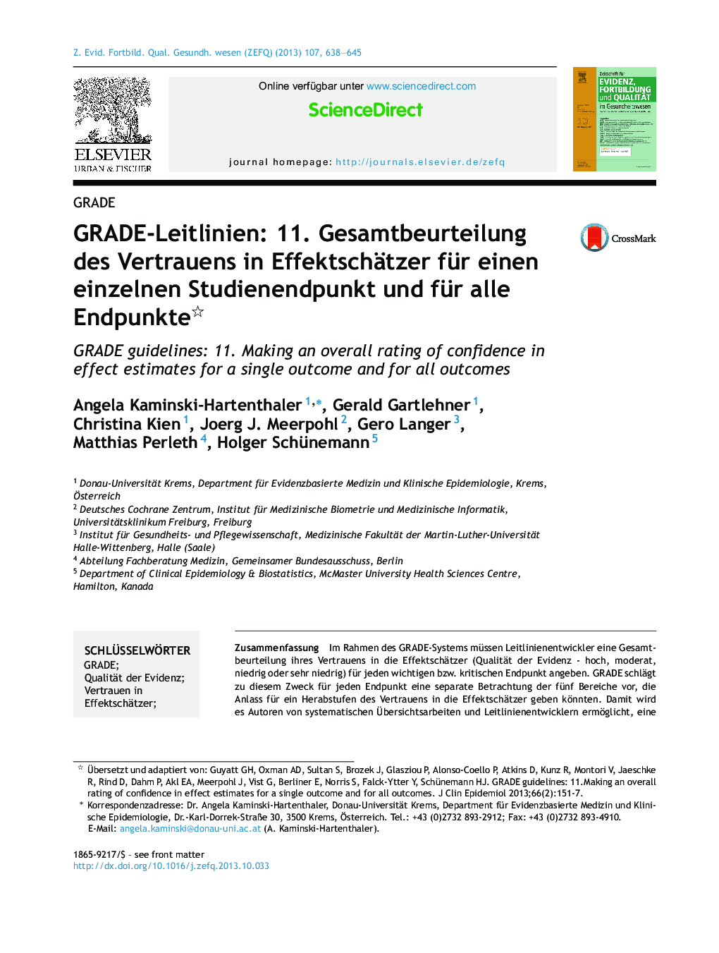 GRADE-Leitlinien: 11. Gesamtbeurteilung des Vertrauens in Effektschätzer für einen einzelnen Studienendpunkt und für alle Endpunkte 