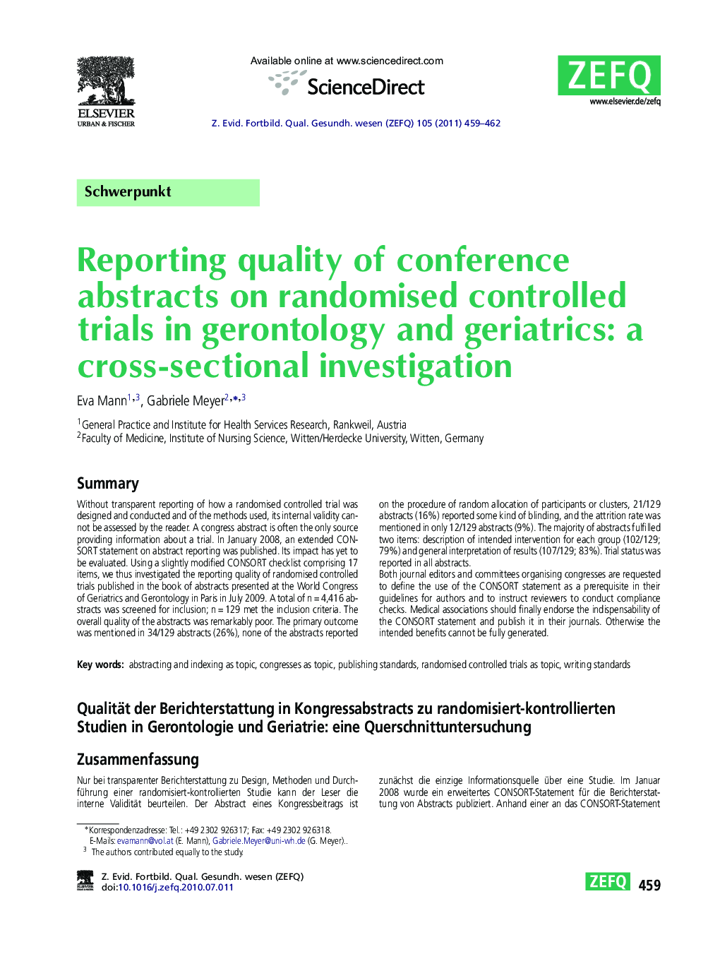 Reporting quality of conference abstracts on randomised controlled trials in gerontology and geriatrics: a cross-sectional investigation