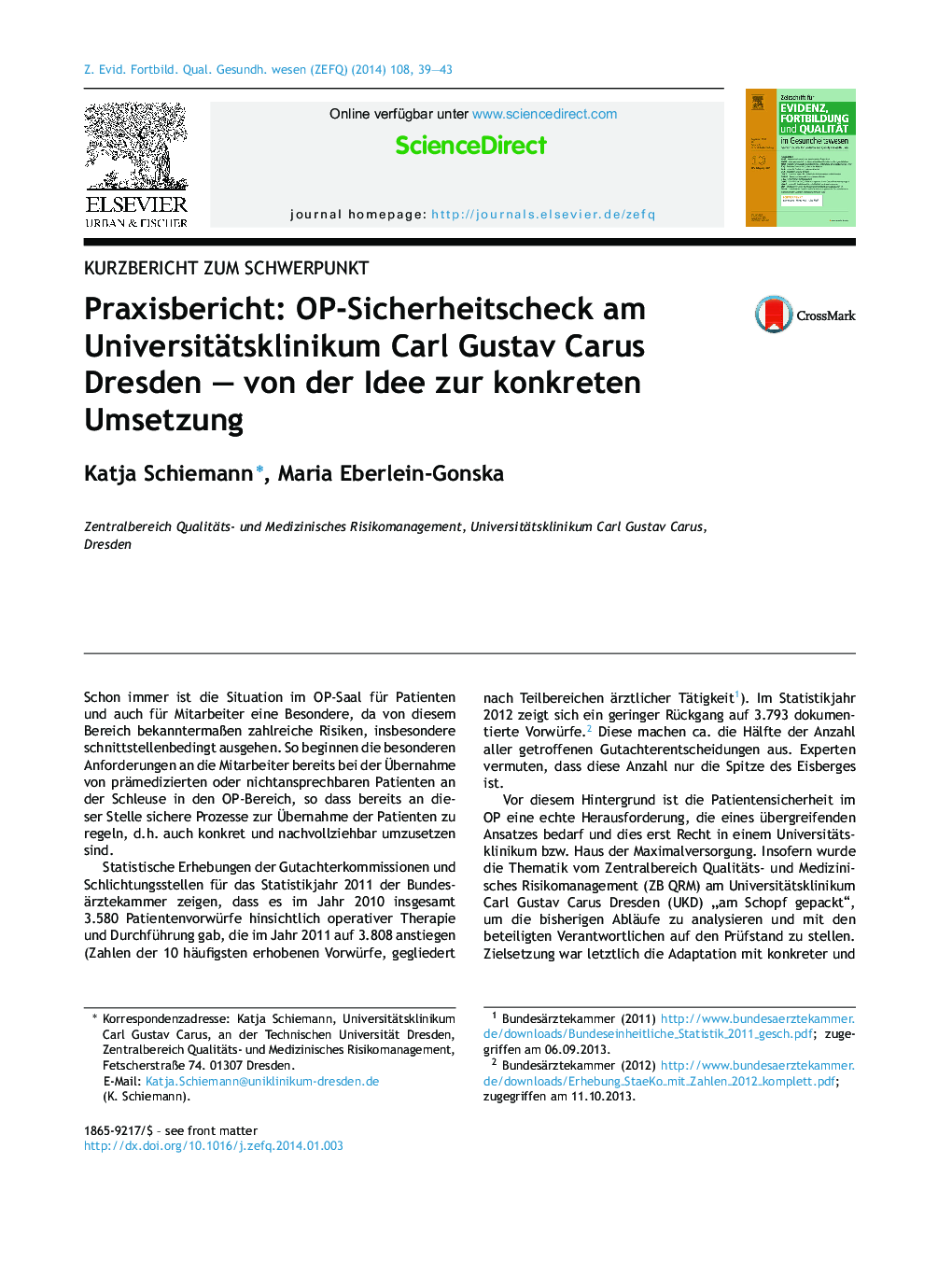 Praxisbericht: OP-Sicherheitscheck am Universitätsklinikum Carl Gustav Carus Dresden - von der Idee zur konkreten Umsetzung