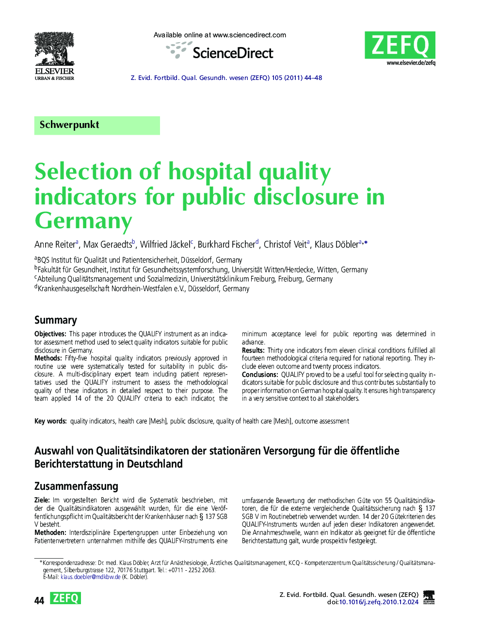 Selection of hospital quality indicators for public disclosure in Germany