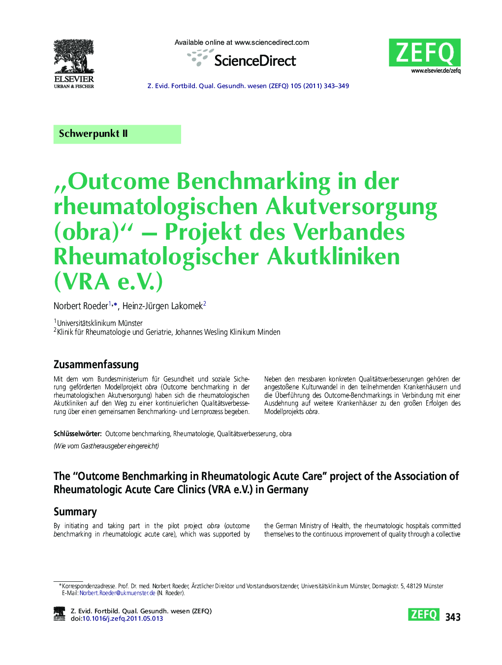 „Outcome Benchmarking in der rheumatologischen Akutversorgung (obra)“ – Projekt des Verbandes Rheumatologischer Akutkliniken (VRA e.V.)