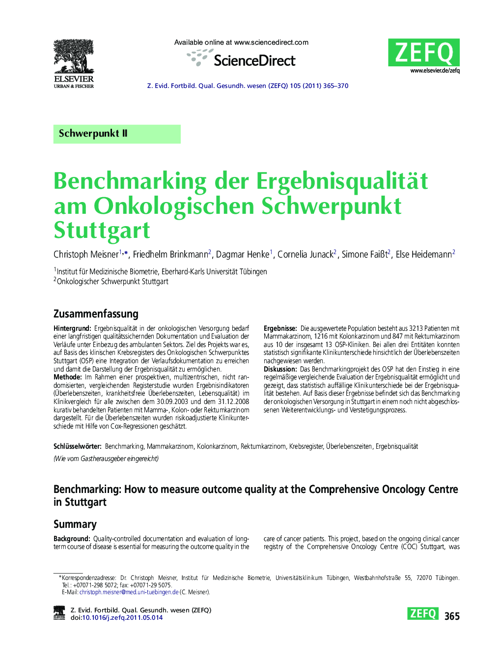 Benchmarking der Ergebnisqualität am Onkologischen Schwerpunkt Stuttgart