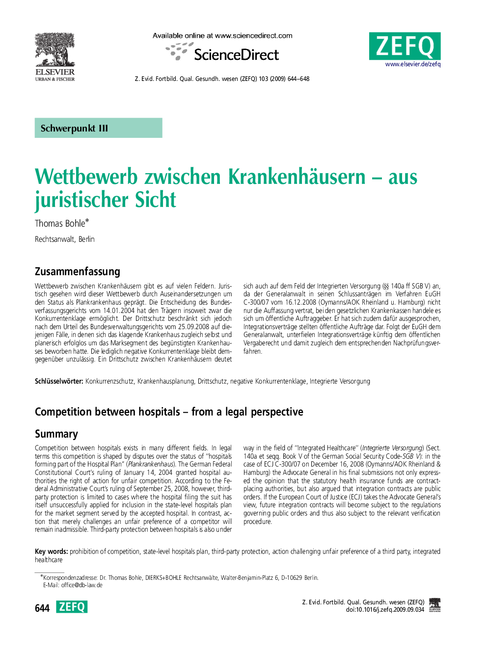 Wettbewerb zwischen Krankenhäusern – aus juristischer Sicht