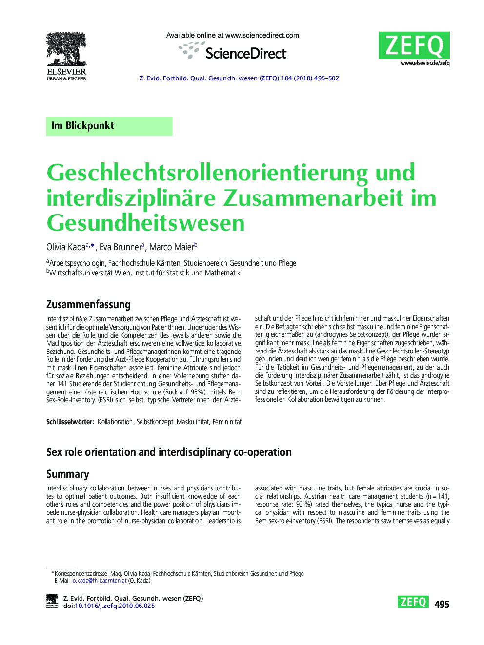 Geschlechtsrollenorientierung und interdisziplinäre Zusammenarbeit im Gesundheitswesen