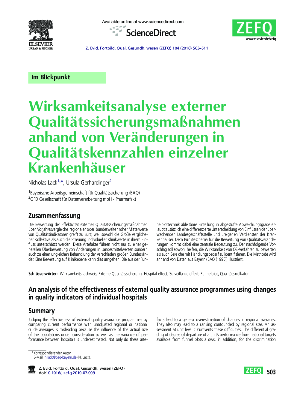 Wirksamkeitsanalyse externer QualitätssicherungsmaÃnahmen anhand von Veränderungen in Qualitätskennzahlen einzelner Krankenhäuser