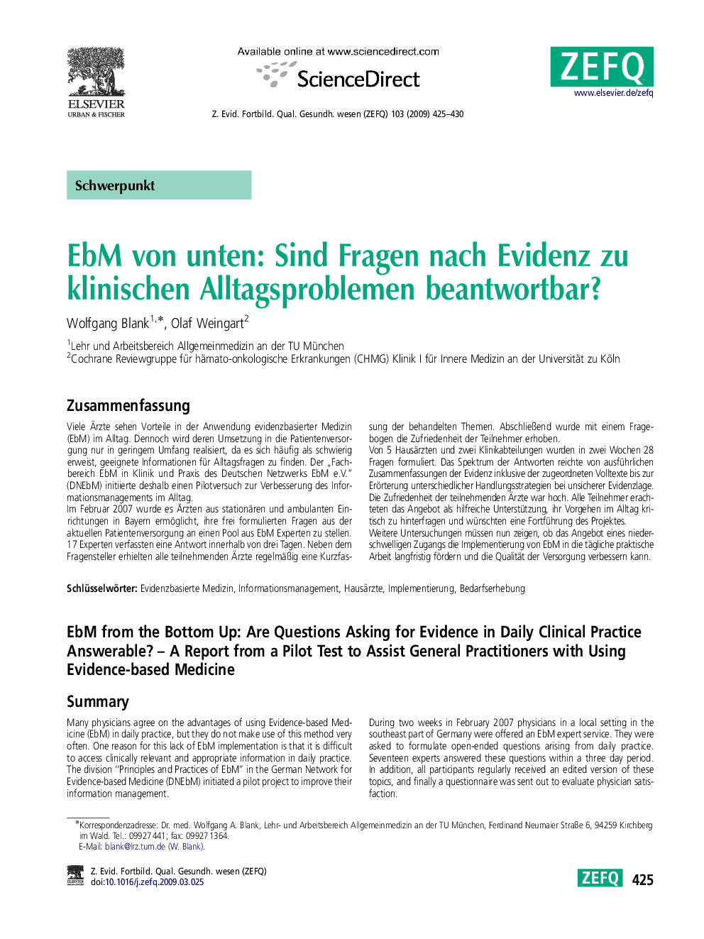 EbM von unten: Sind Fragen nach Evidenz zu klinischen Alltagsproblemen beantwortbar?