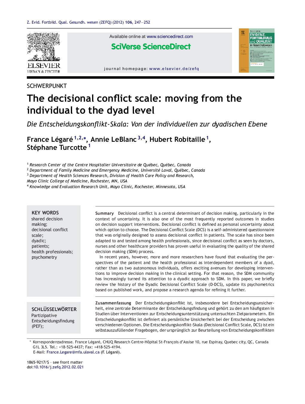 The decisional conflict scale: moving from the individual to the dyad level