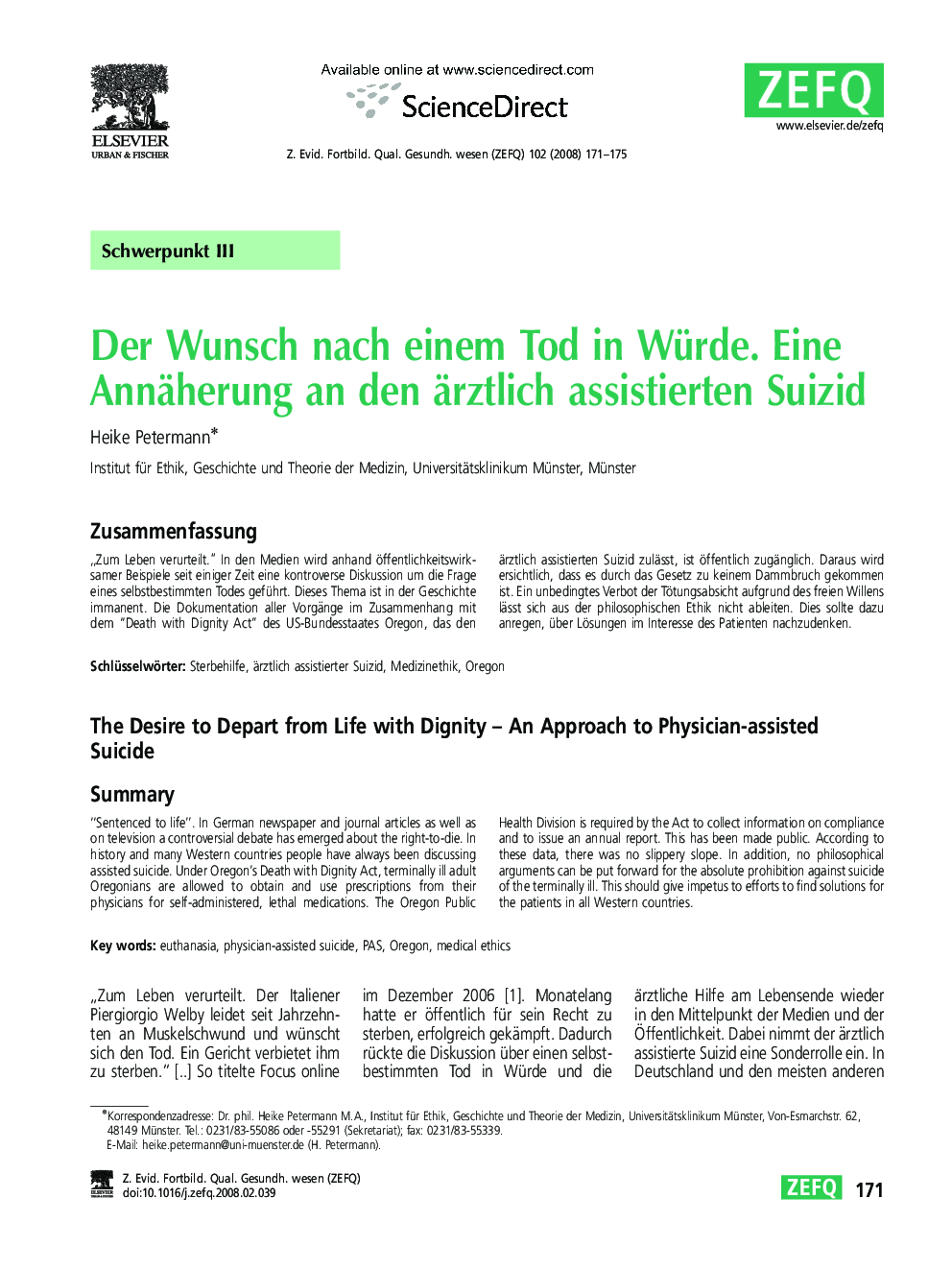 Der Wunsch nach einem Tod in Würde. Eine Annäherung an den ärztlich assistierten Suizid