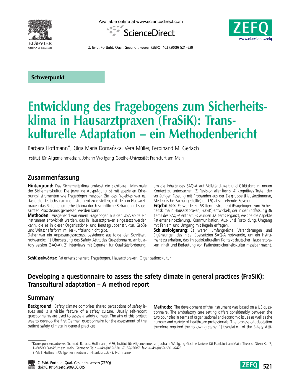 Entwicklung des Fragebogens zum Sicherheitsklima in Hausarztpraxen (FraSiK): Transkulturelle Adaptation – ein Methodenbericht