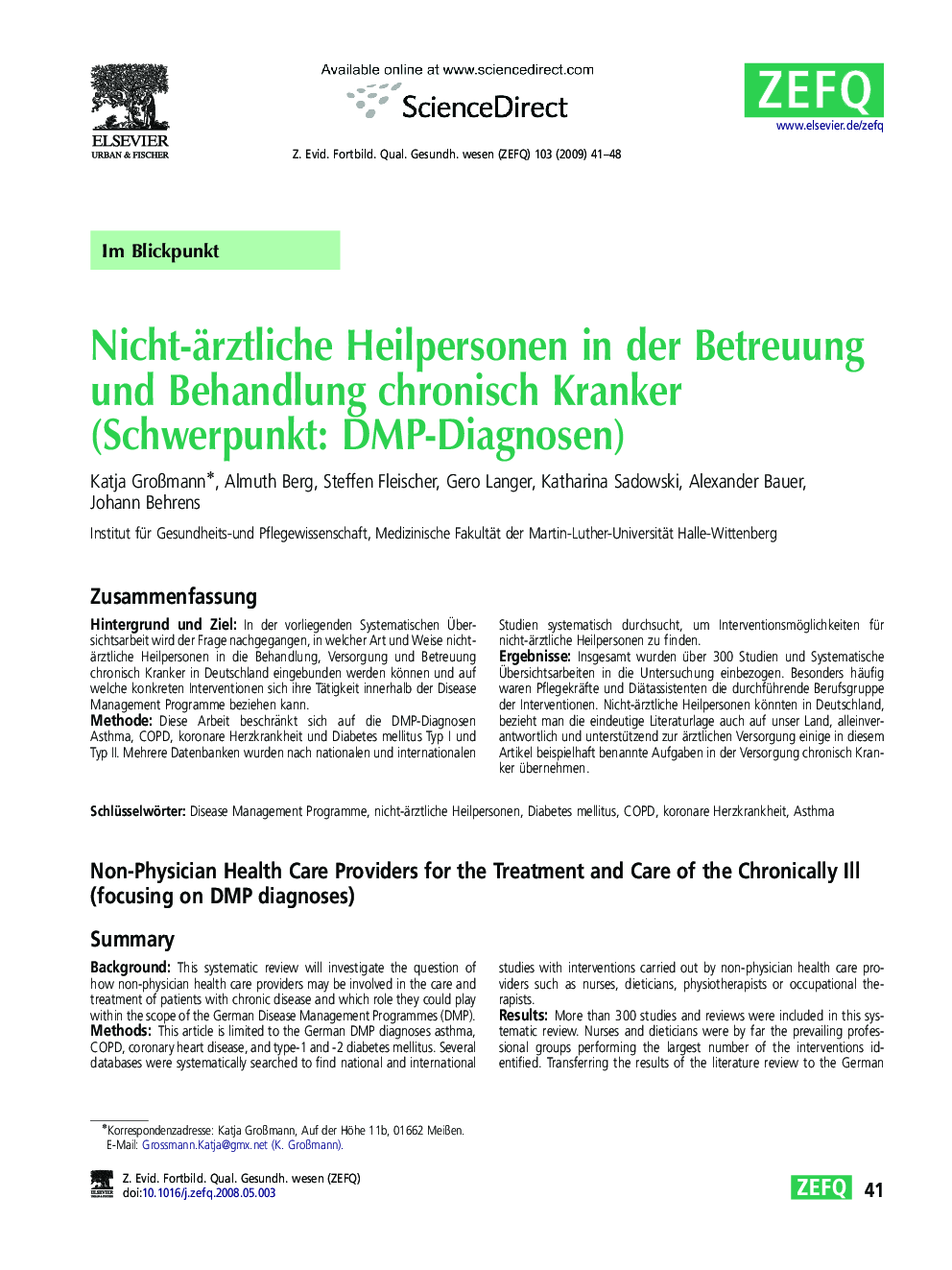 Nicht-ärztliche Heilpersonen in der Betreuung und Behandlung chronisch Kranker (Schwerpunkt: DMP-Diagnosen)