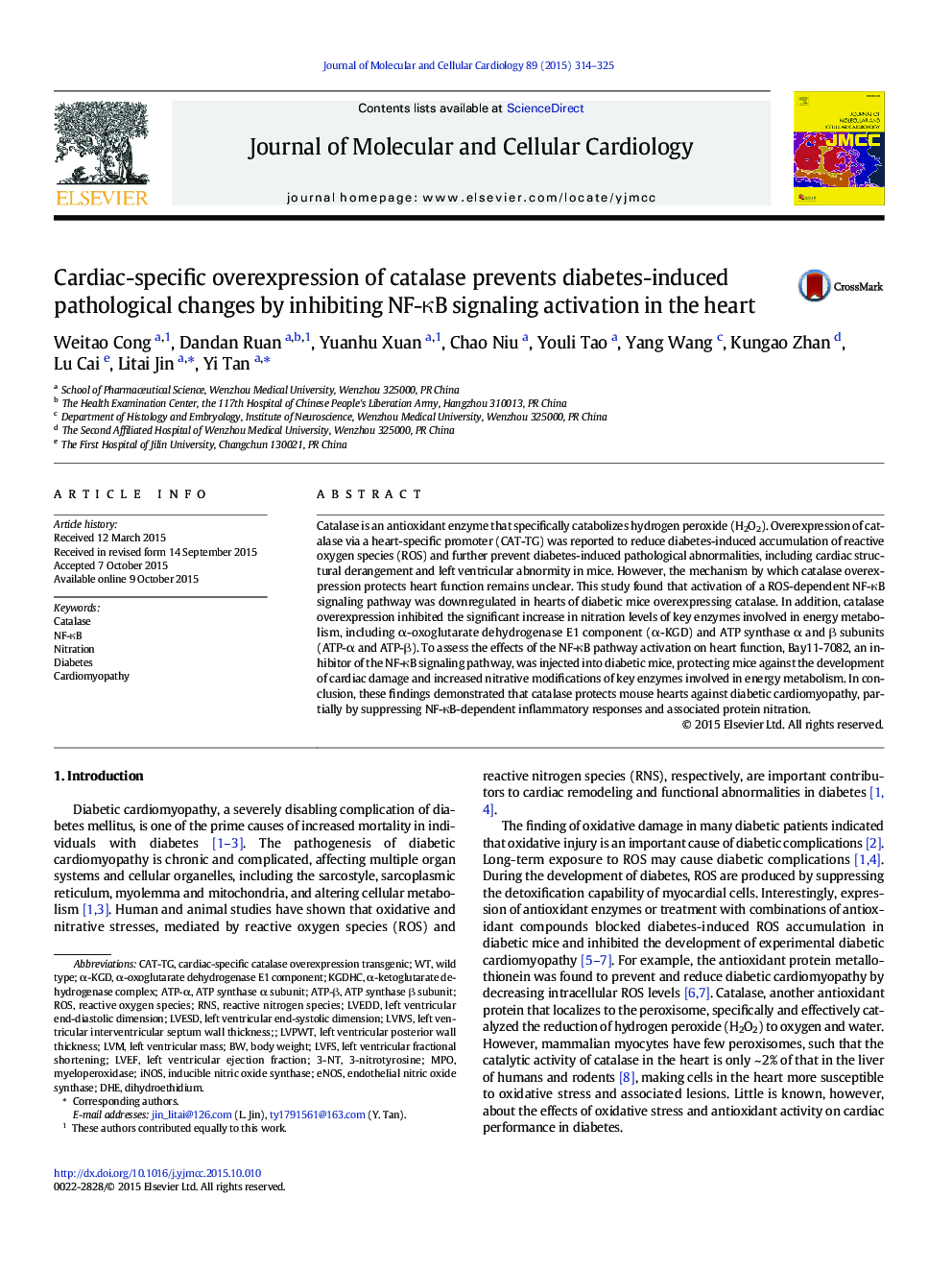 Cardiac-specific overexpression of catalase prevents diabetes-induced pathological changes by inhibiting NF-ÎºB signaling activation in the heart