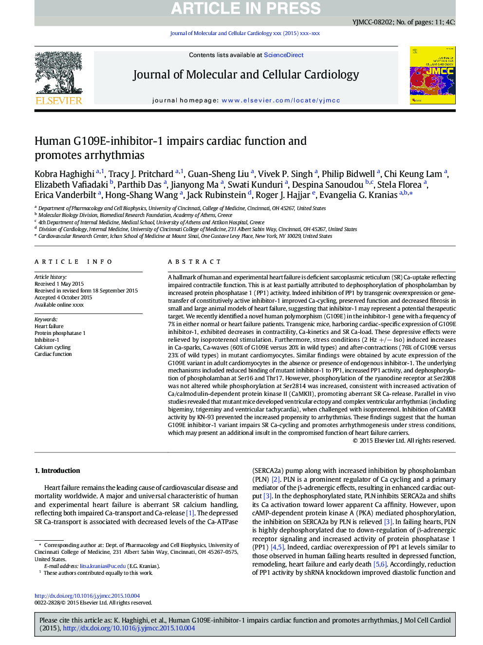 Human G109E-inhibitor-1 impairs cardiac function and promotes arrhythmias