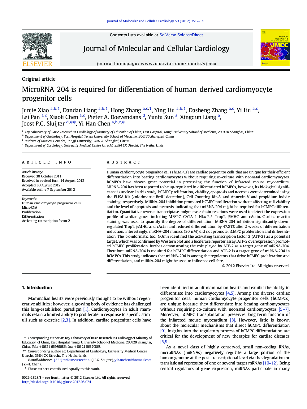 MicroRNA-204 is required for differentiation of human-derived cardiomyocyte progenitor cells