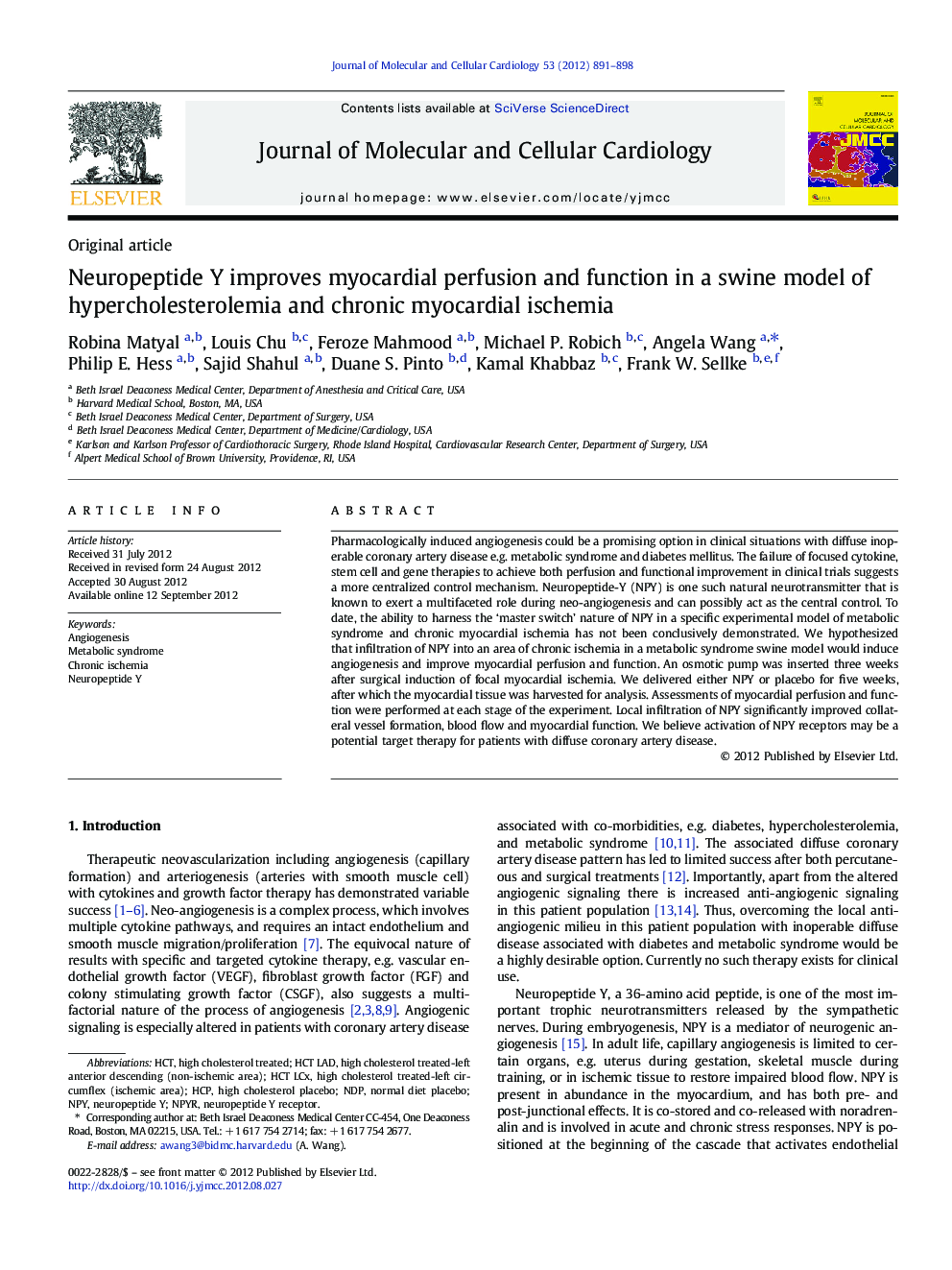 Neuropeptide Y improves myocardial perfusion and function in a swine model of hypercholesterolemia and chronic myocardial ischemia