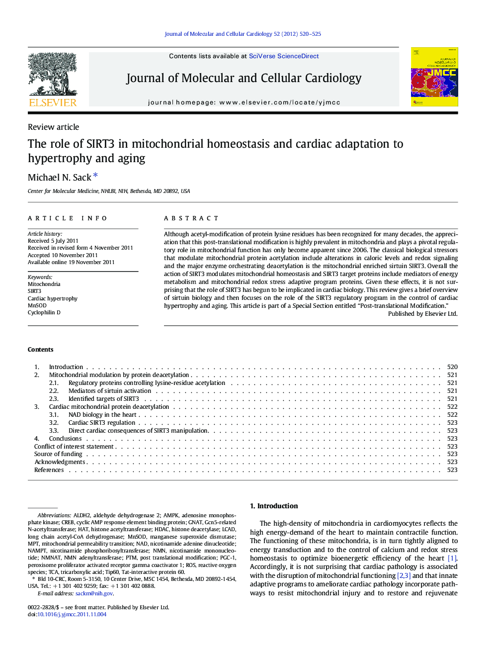 The role of SIRT3 in mitochondrial homeostasis and cardiac adaptation to hypertrophy and aging