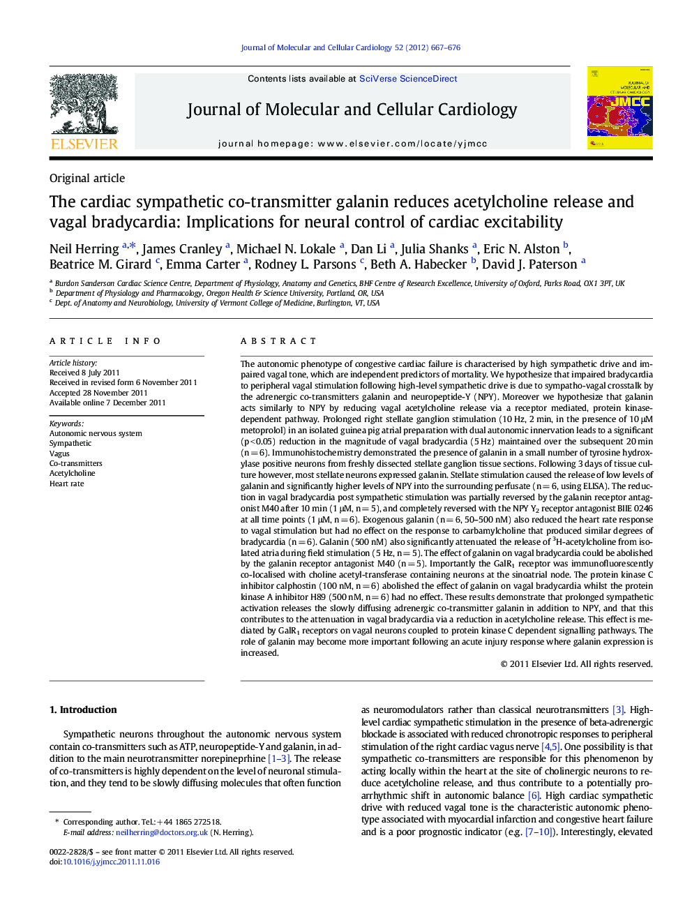 The cardiac sympathetic co-transmitter galanin reduces acetylcholine release and vagal bradycardia: Implications for neural control of cardiac excitability