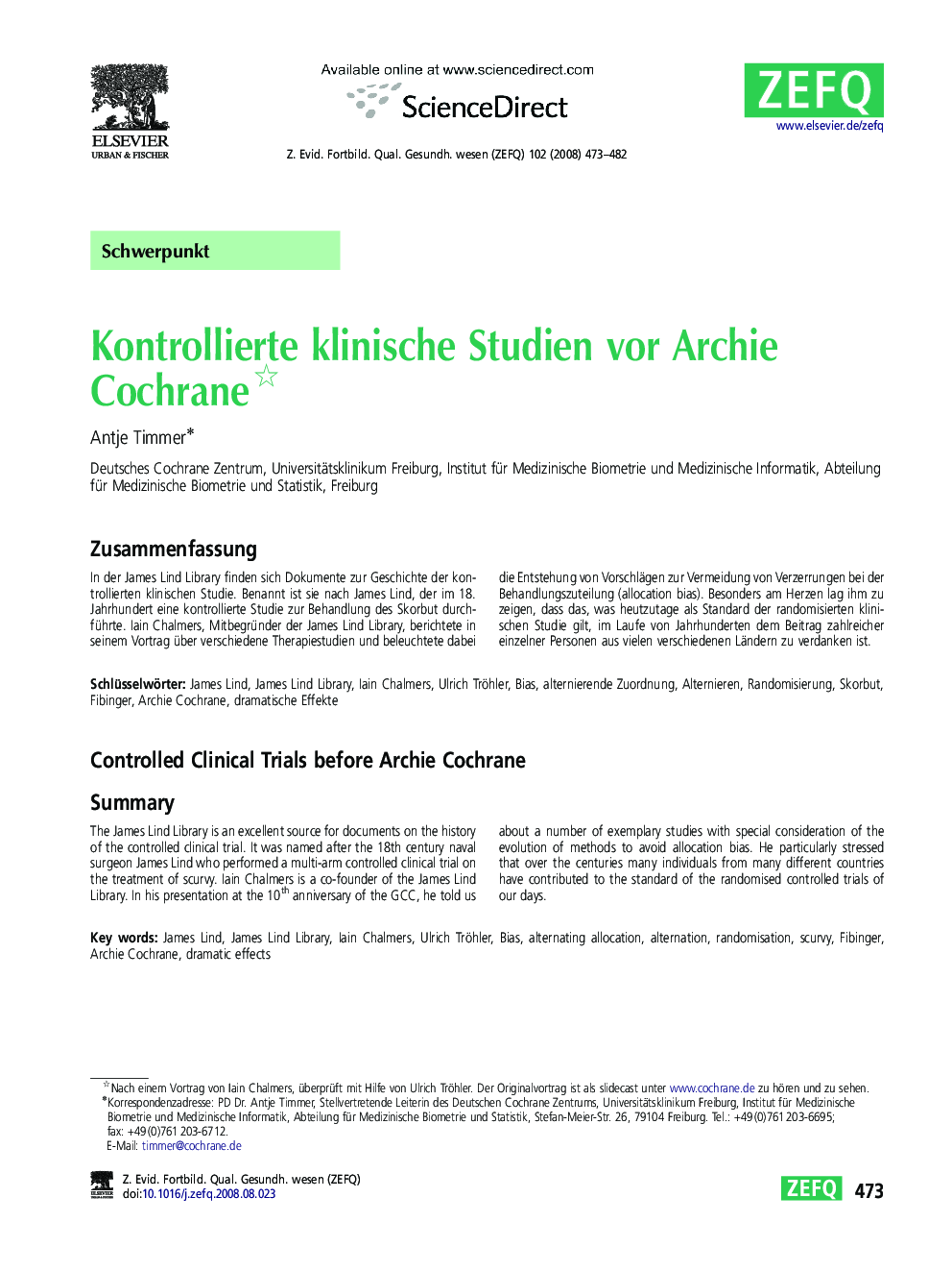 Kontrollierte klinische Studien vor Archie Cochrane 