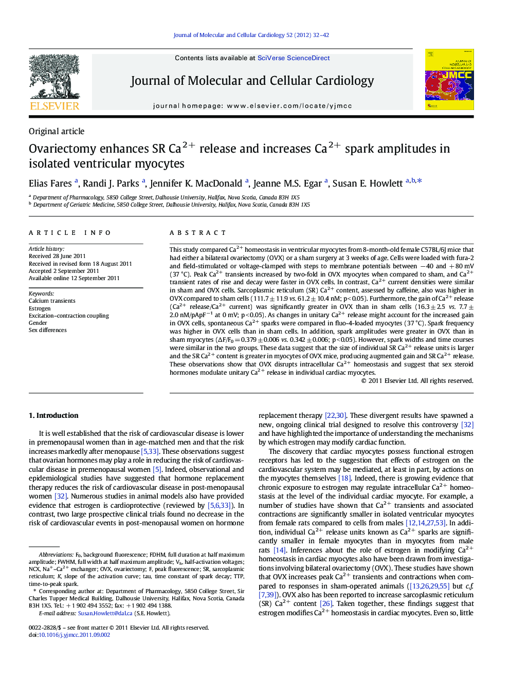 Ovariectomy enhances SR Ca2+ release and increases Ca2+ spark amplitudes in isolated ventricular myocytes