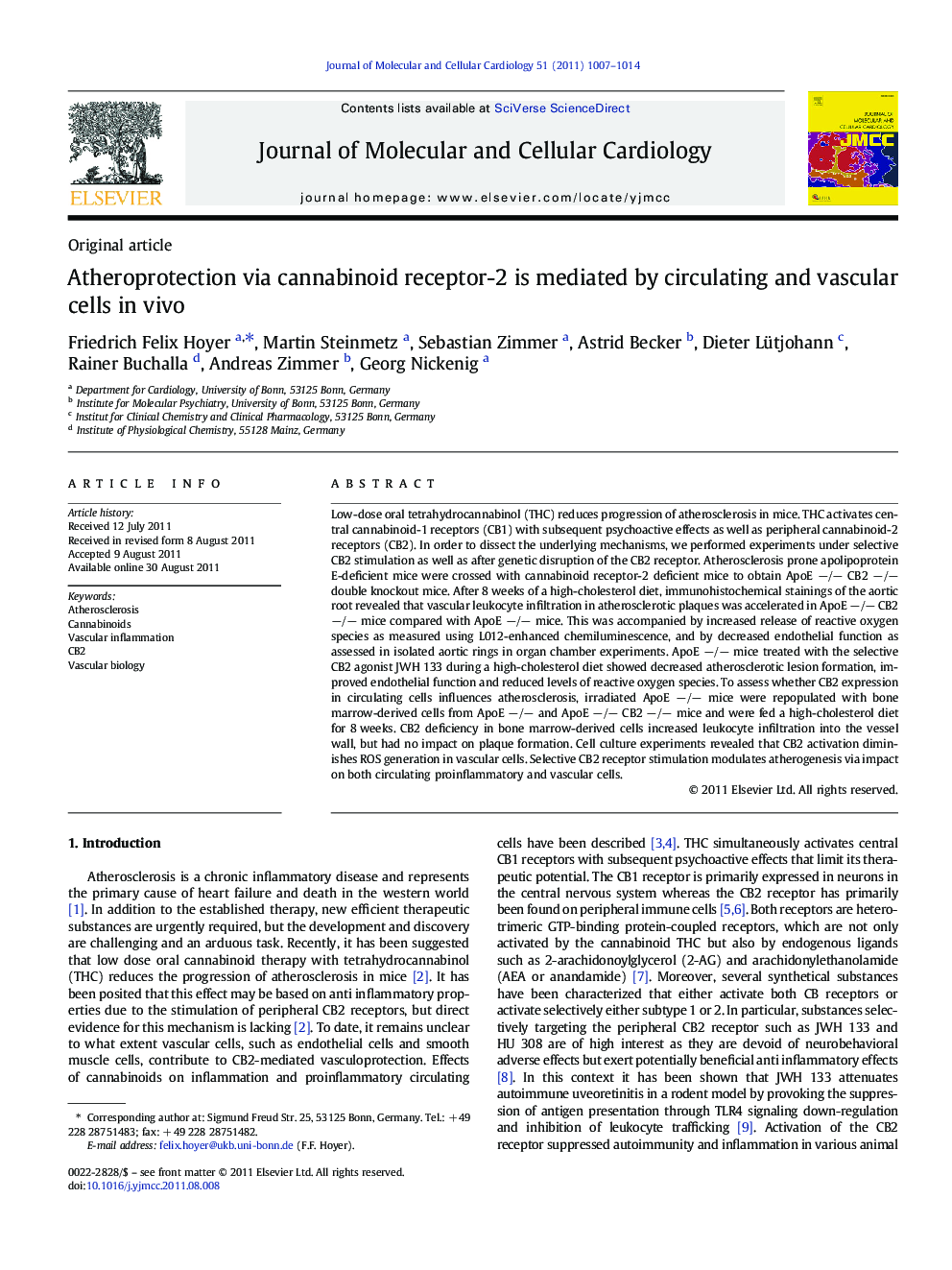 Atheroprotection via cannabinoid receptor-2 is mediated by circulating and vascular cells in vivo