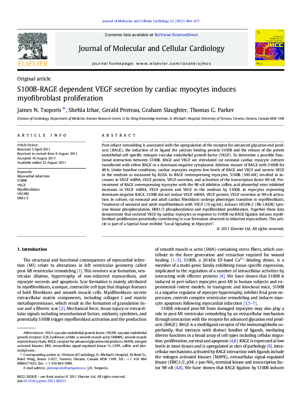 S100B-RAGE dependent VEGF secretion by cardiac myocytes induces myofibroblast proliferation