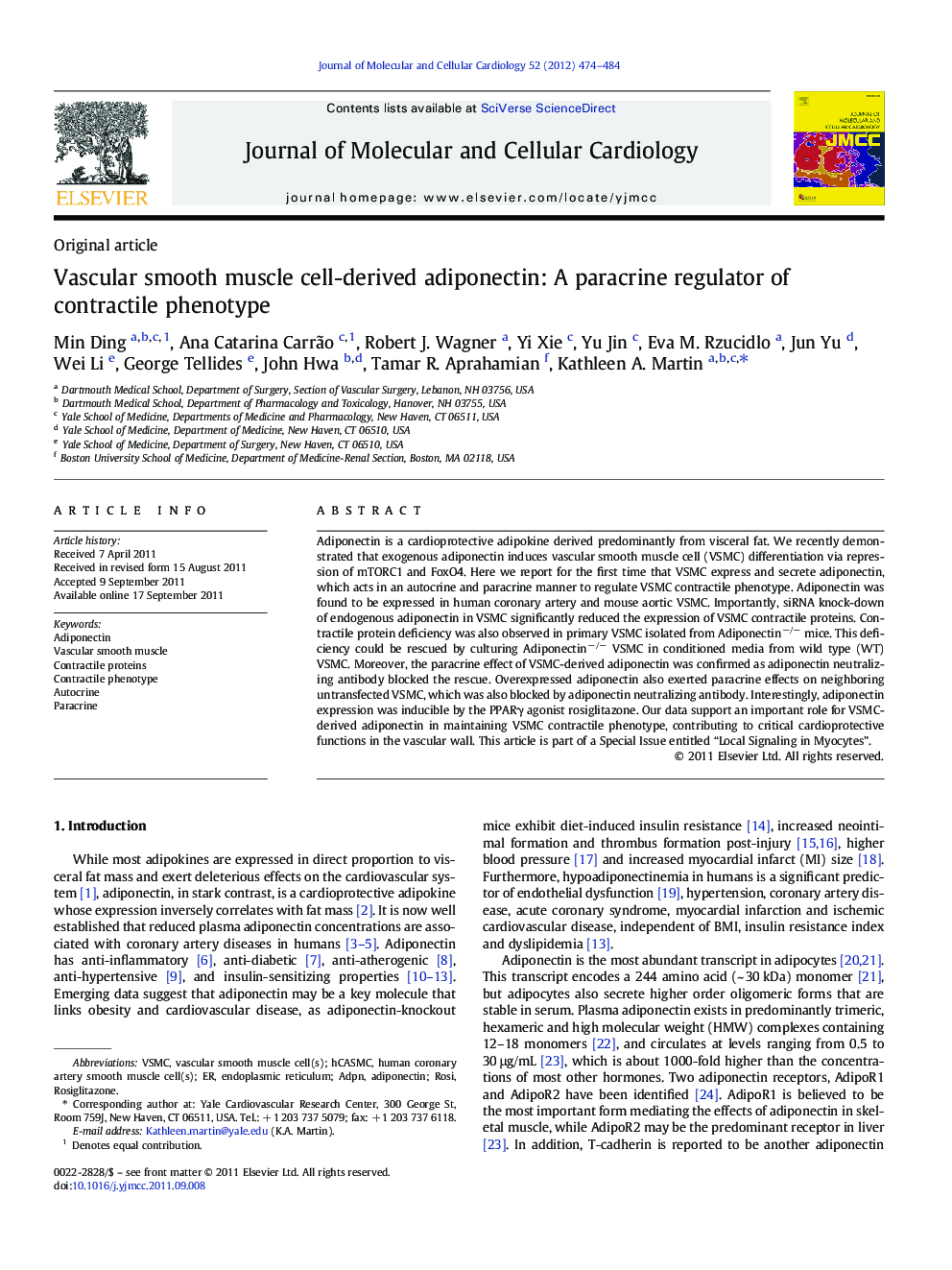 Vascular smooth muscle cell-derived adiponectin: A paracrine regulator of contractile phenotype