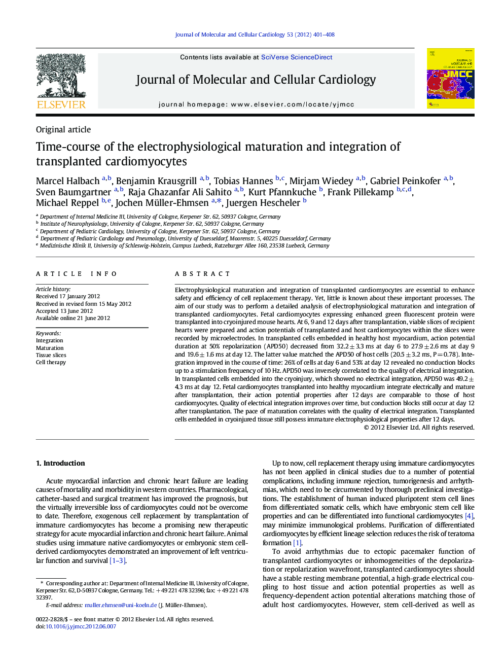 Time-course of the electrophysiological maturation and integration of transplanted cardiomyocytes