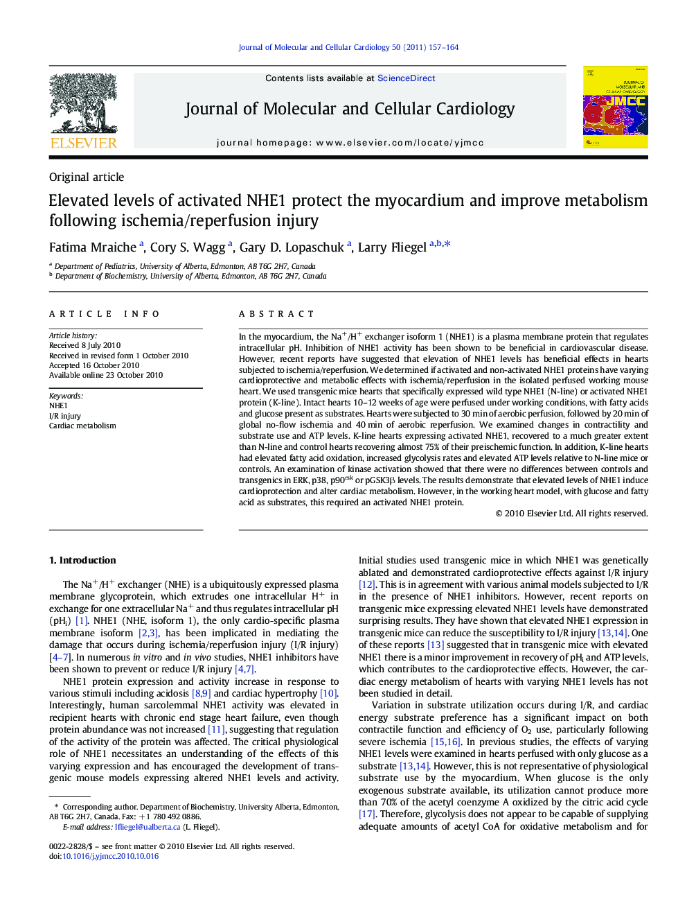 Elevated levels of activated NHE1 protect the myocardium and improve metabolism following ischemia/reperfusion injury