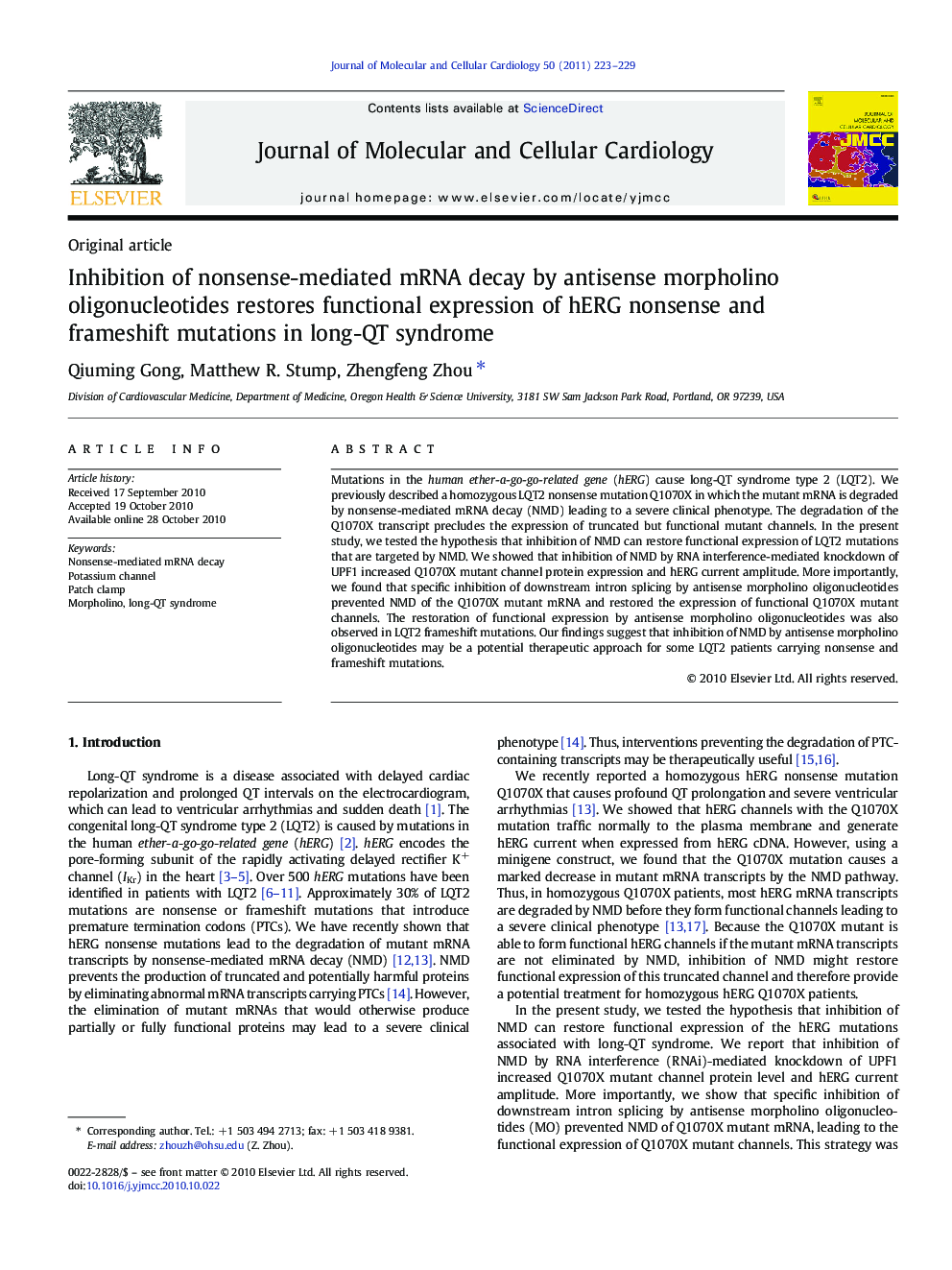 Inhibition of nonsense-mediated mRNA decay by antisense morpholino oligonucleotides restores functional expression of hERG nonsense and frameshift mutations in long-QT syndrome