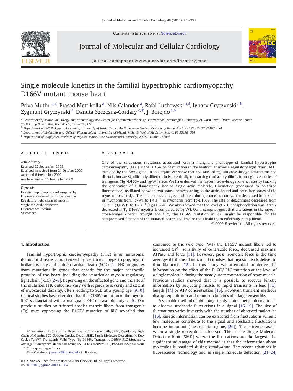 Single molecule kinetics in the familial hypertrophic cardiomyopathy D166V mutant mouse heart