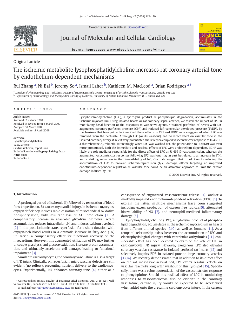 The ischemic metabolite lysophosphatidylcholine increases rat coronary arterial tone by endothelium-dependent mechanisms