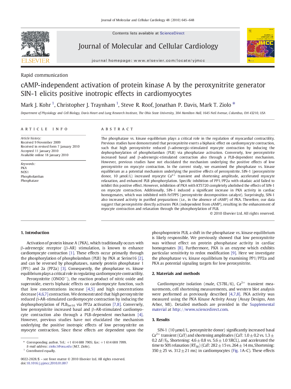 cAMP-independent activation of protein kinase A by the peroxynitrite generator SIN-1 elicits positive inotropic effects in cardiomyocytes