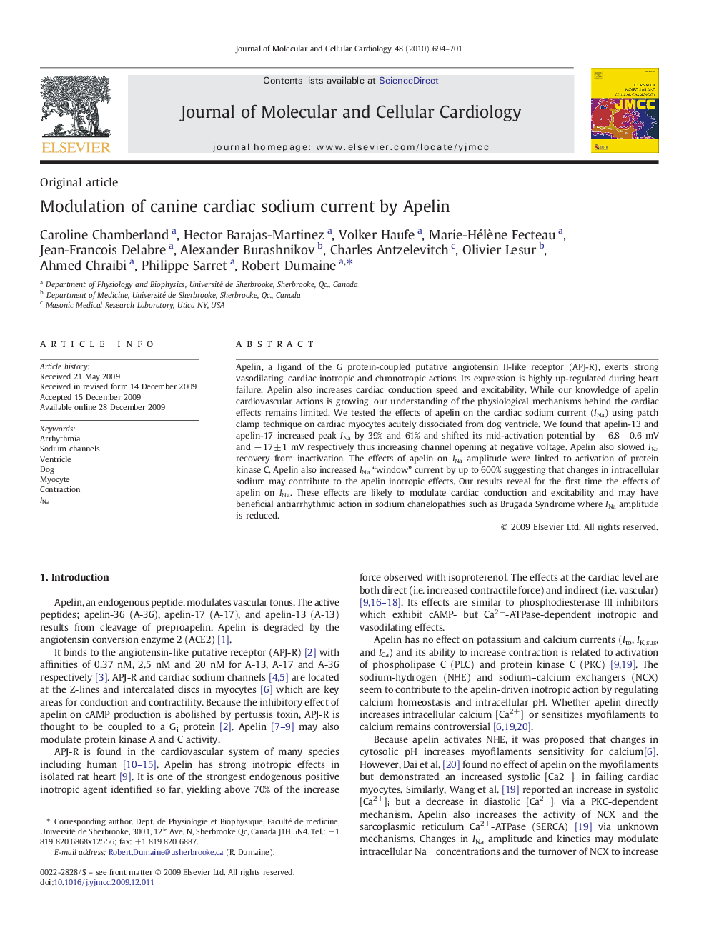 Modulation of canine cardiac sodium current by Apelin