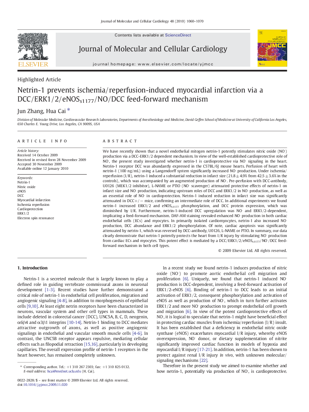 Netrin-1 prevents ischemia/reperfusion-induced myocardial infarction via a DCC/ERK1/2/eNOSs1177/NO/DCC feed-forward mechanism