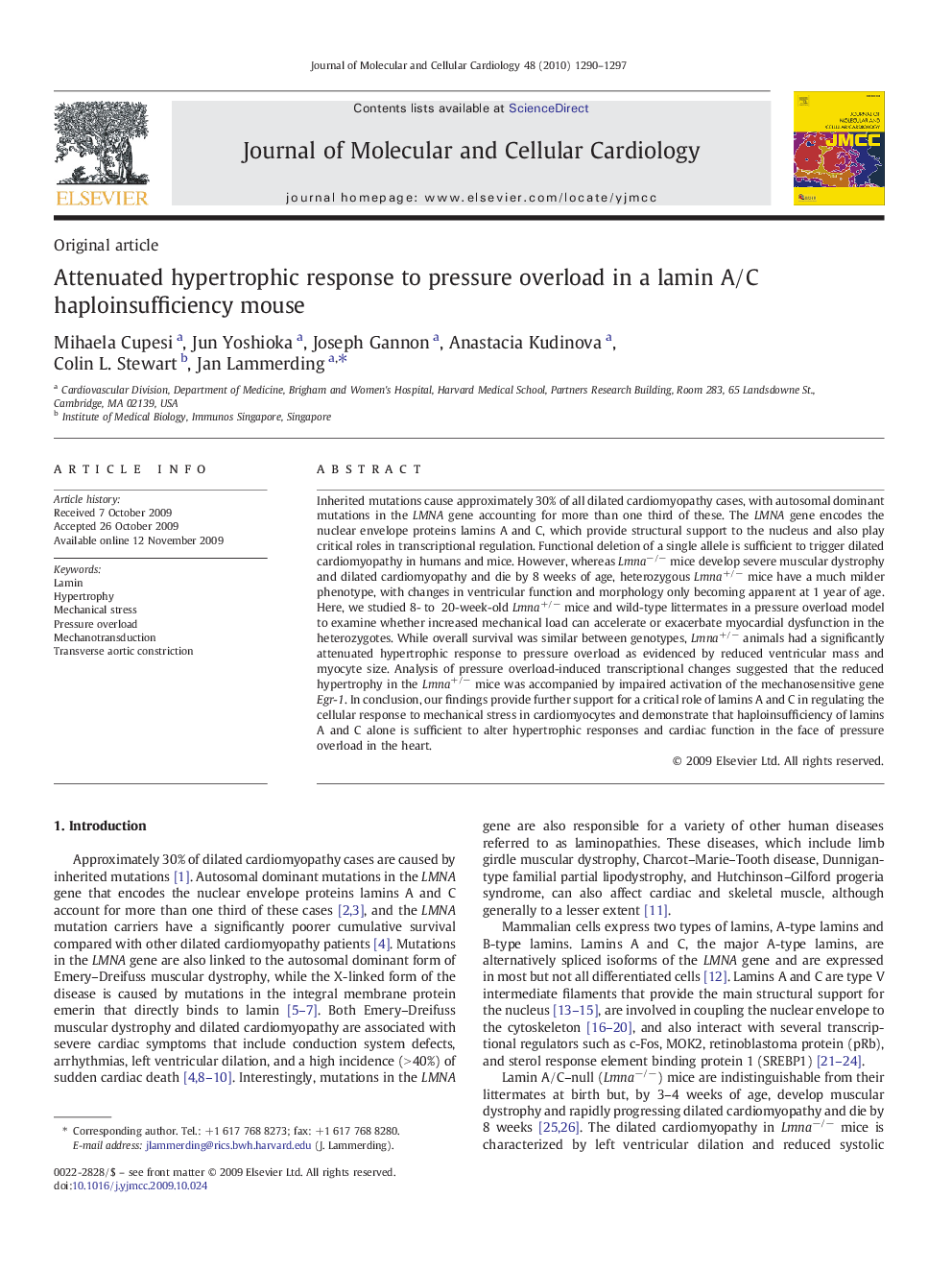 Attenuated hypertrophic response to pressure overload in a lamin A/C haploinsufficiency mouse