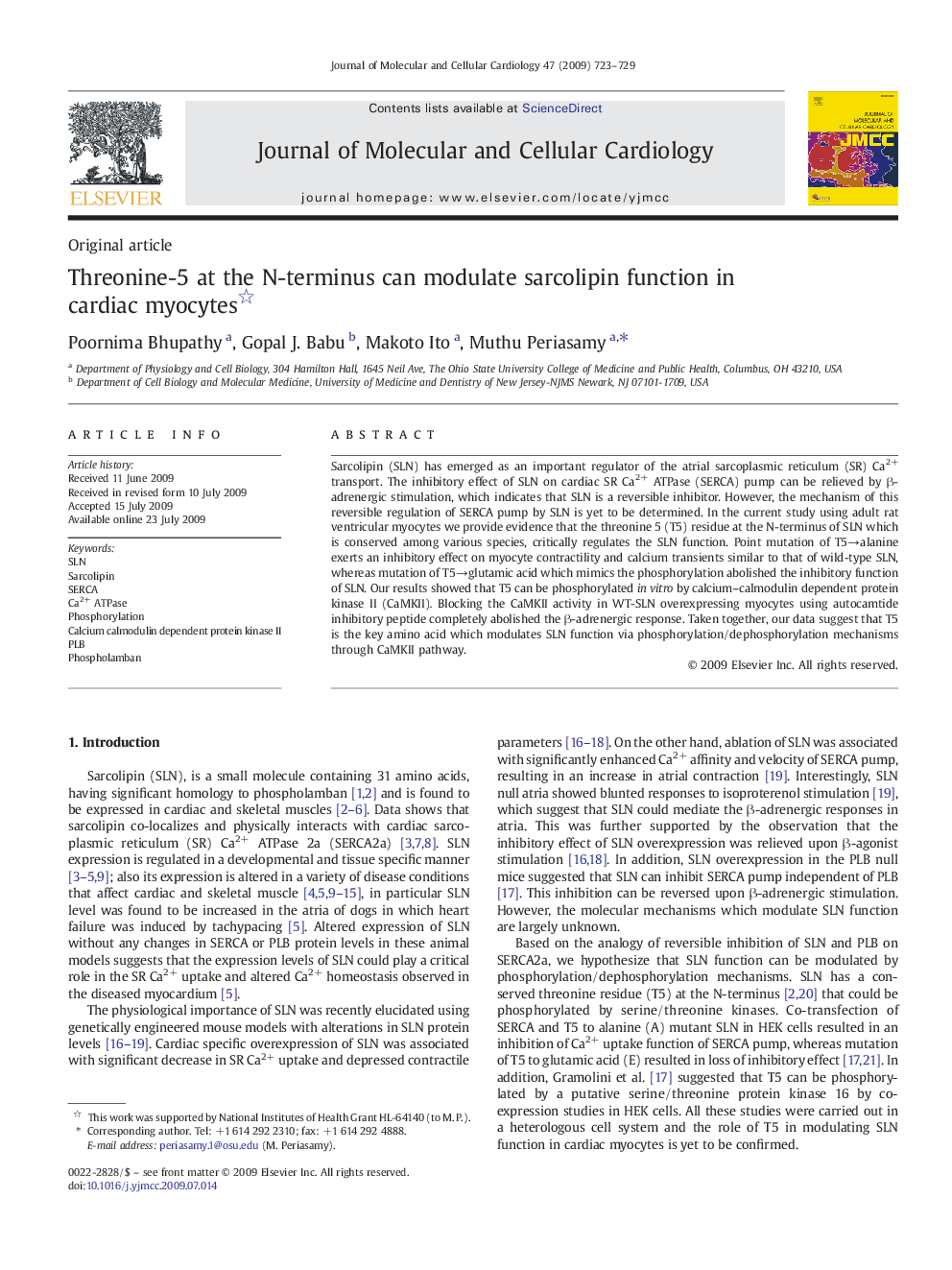 Threonine-5 at the N-terminus can modulate sarcolipin function in cardiac myocytes